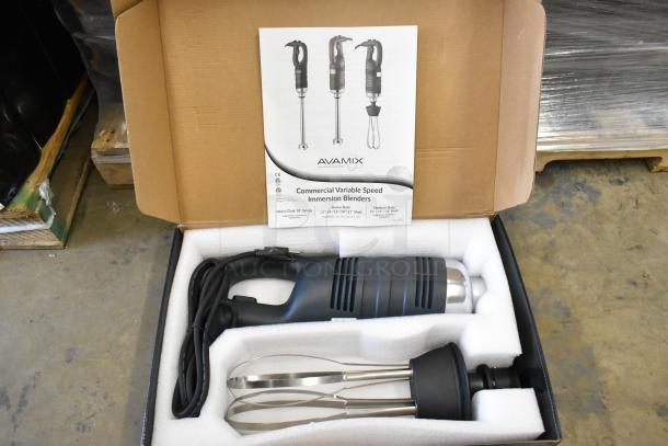 AvaMix 928IBHDW10 immersion blender, new, with 10" whisk, 1 1/4 hp, 120V. Includes box and manual. Scratch and dent.