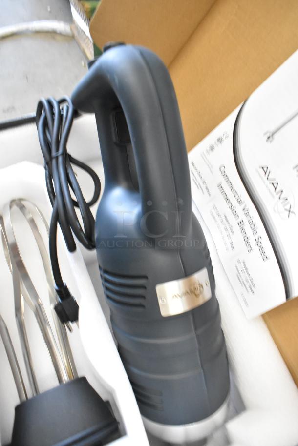Brand new AvaMix 928IBHDW10 immersion blender with 10" whisk, 1 1/4 hp, 120V, in box. Includes manual and power cord.
