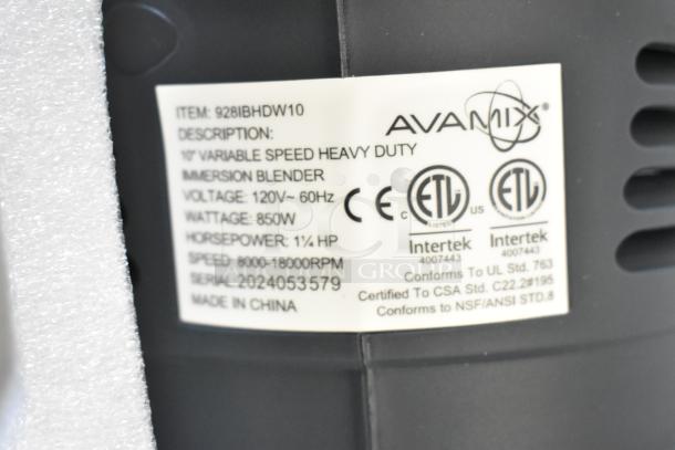 AvaMix 928IBHDW10 heavy-duty immersion blender, 10" whisk, 1 1/4 hp, 120V, new condition, ETL certified label visible.