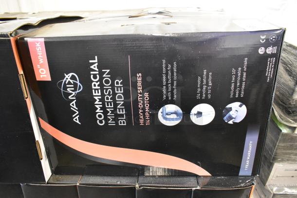 AvaMix Heavy-Duty Immersion Blender with 10" Whisk, 1 1/4 hp, 120V, new condition, scratch and dent packaging shown.
