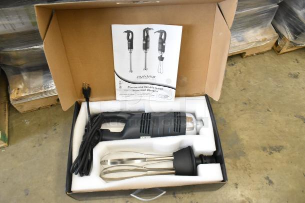 AvaMix 928IBHDW10 heavy-duty immersion blender with 10" whisk. Brand new, variable speed, 1 1/4 hp, 120V, in box.