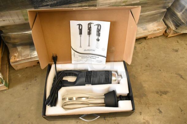 AvaMix 928IBHDW10 heavy-duty immersion blender with 10" whisk, 1 1/4 hp, brand new in box. Includes manual and power cord.