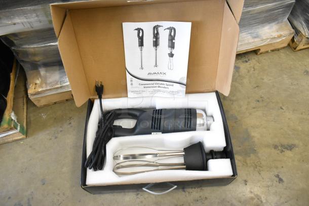 "Brand new AvaMix 928IBHDW10 heavy-duty immersion blender with 10-inch whisk, 1 1/4 hp, variable speed, 120V, 1 phase."