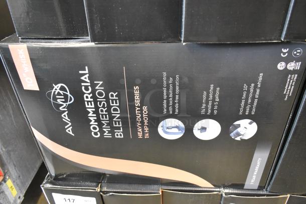Brand new AvaMix 928IBHDW10 Heavy-Duty Immersion Blender with 10" whisk, 1 1/4 hp. Features variable speed, 120V. Box labeled "Commercial".