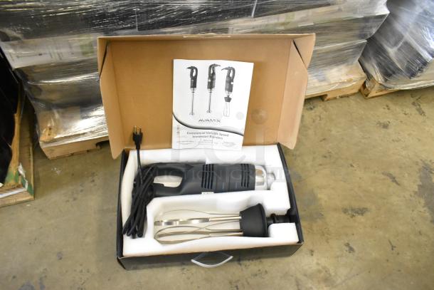 "Boxed AvaMix 928IBHDW10 heavy-duty immersion blender, brand new, with 10-inch whisk attachment, manual included."