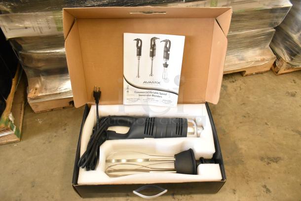 Brand new AvaMix 928IBHDW10 immersion blender, 1 1/4 hp, 10" whisk, variable speed, 120 volts, in original packaging.