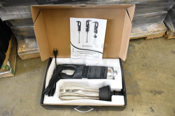 Brand new AvaMix 928IBHDW10 heavy-duty immersion blender with 10" whisk, 1 1/4 hp, 120V. Includes manual, in packaging.