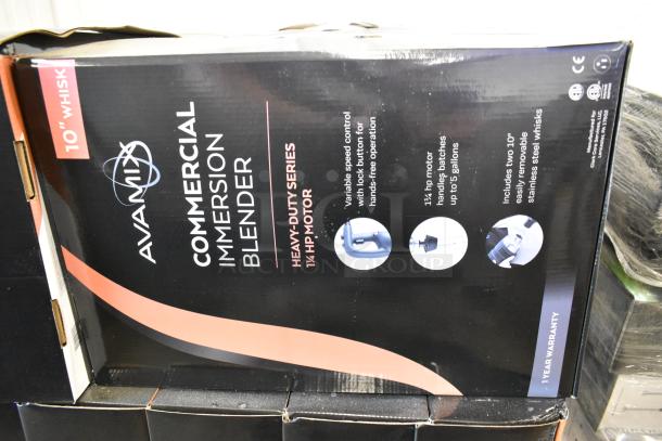 New AvaMix 928IBHDW10 immersion blender, heavy-duty, 1 1/4 hp, variable speed, 10" whisk, 120V, boxed, scratch and dent condition.