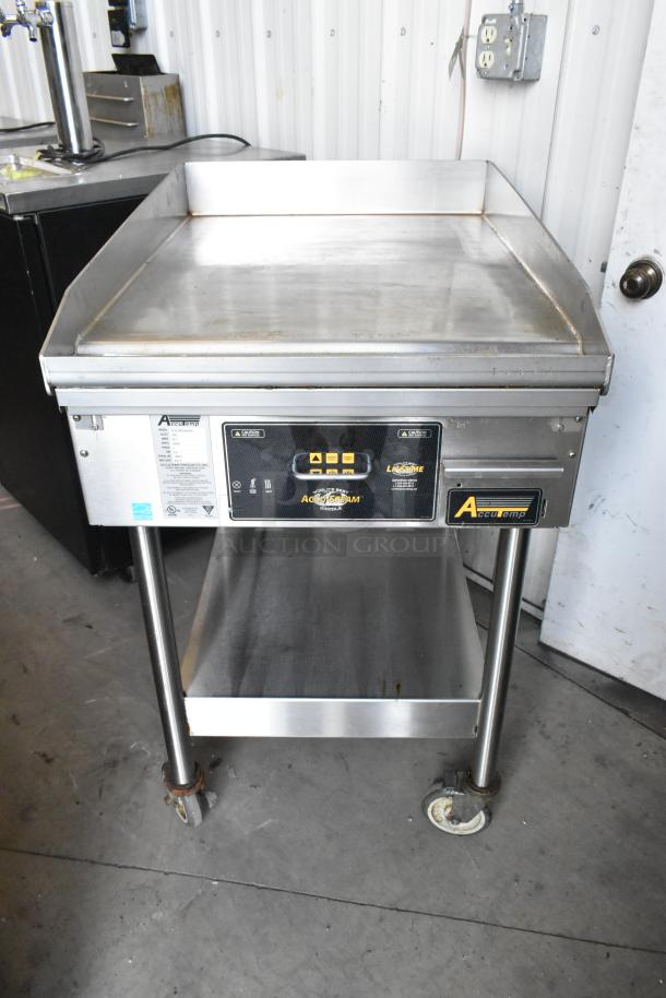 AccuTemp EGF2083A2450 electric flat top griddle, stainless steel, with under shelf and casters, 208V, 3-phase.