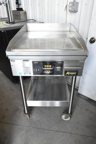 AccuTemp EGF2083A2450 electric flat top griddle, stainless steel, with under shelf and casters, 208V, 3-phase.