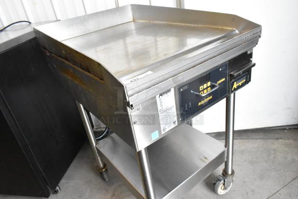 AccuTemp EGF2083A2450 stainless steel electric griddle with metal under shelf, on casters, 208V, 3-phase.