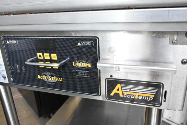 AccuTemp EGF2083A2450 stainless steel electric griddle with under shelf and caster wheels, showing control panel.