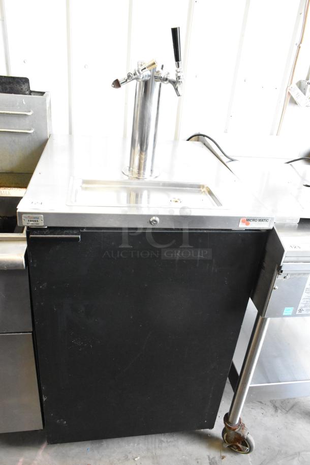 Micro Matic MDD-23 kegerator, metal, commercial casters, 115V, 1-phase, tap handle, Micro Matic label visible, used condition.