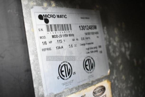 Micro Matic MDD-23 kegerator label showing model, 115V, 1 Phase, ETL certified, 1/6 HP, refrigeration details.