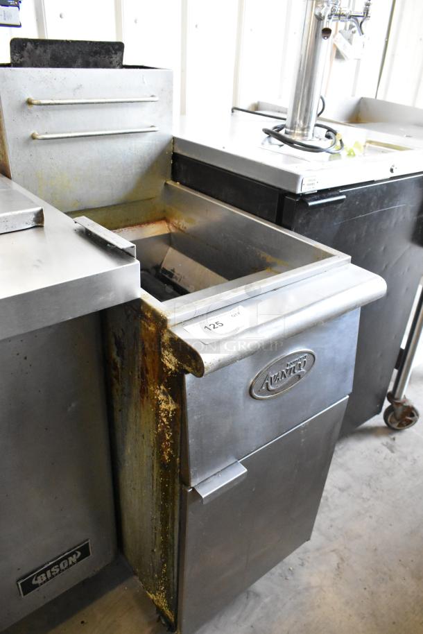 Avantco FF300-N stainless steel floor fryer, natural gas, 90,000 BTU, visible grease, model label, commercial kitchen use.