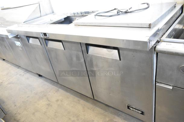 Bison MSF8308 stainless steel prep table bain marie on casters, 115V, 1 phase, commercial use, visible Bison logo.
