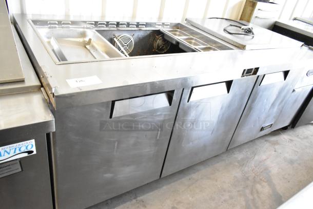 Bison MSF8308 stainless steel commercial prep table bain marie with casters, 115V, 1 phase. Shows signs of wear.