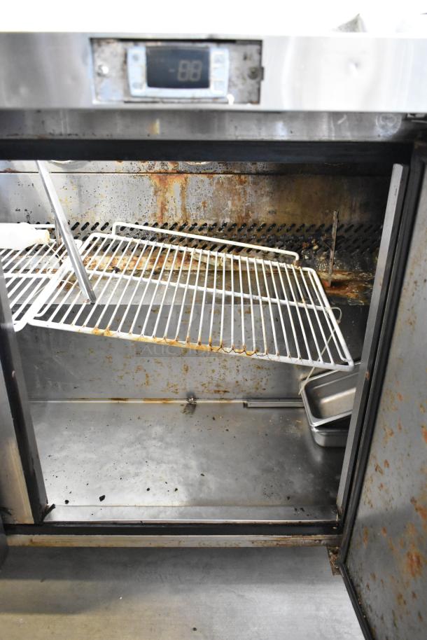Bison MSF8308 stainless steel Bain Marie prep table, shows rust and wear, on commercial casters, 115V, 1 phase.