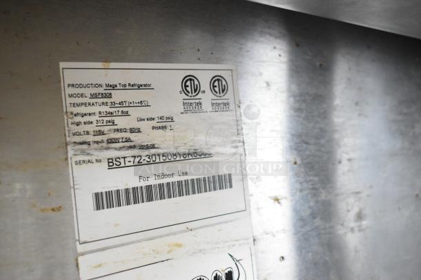 Bison MSF8308 stainless steel prep table label, showing model, temperature range, refrigerant, voltage specs, and serial number.