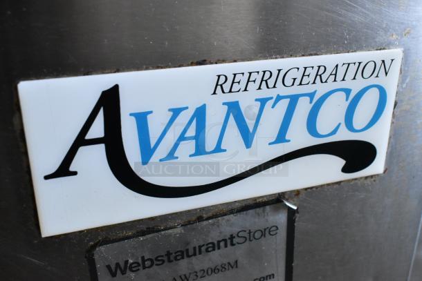Avantco 178SCLM3 stainless steel sandwich salad prep table, commercial casters, 115 volts, 1 phase, logo visible.