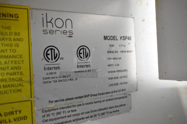Ikon KSP48 stainless steel prep table label with electrical specs: 115V, 1-phase, ETL listed, conforms to NSF STD 7.