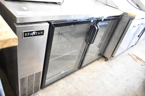 Spartan SSGBB-60 2-Door Undercounter Cooler; metal construction, glass doors, visible Spartan logo, 115V, 1 phase.