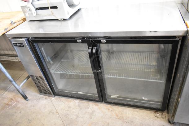 Spartan SSGBB-60 metal 2-door undercounter back bar cooler, 115 volts, 1 phase, with glass doors and shelving.