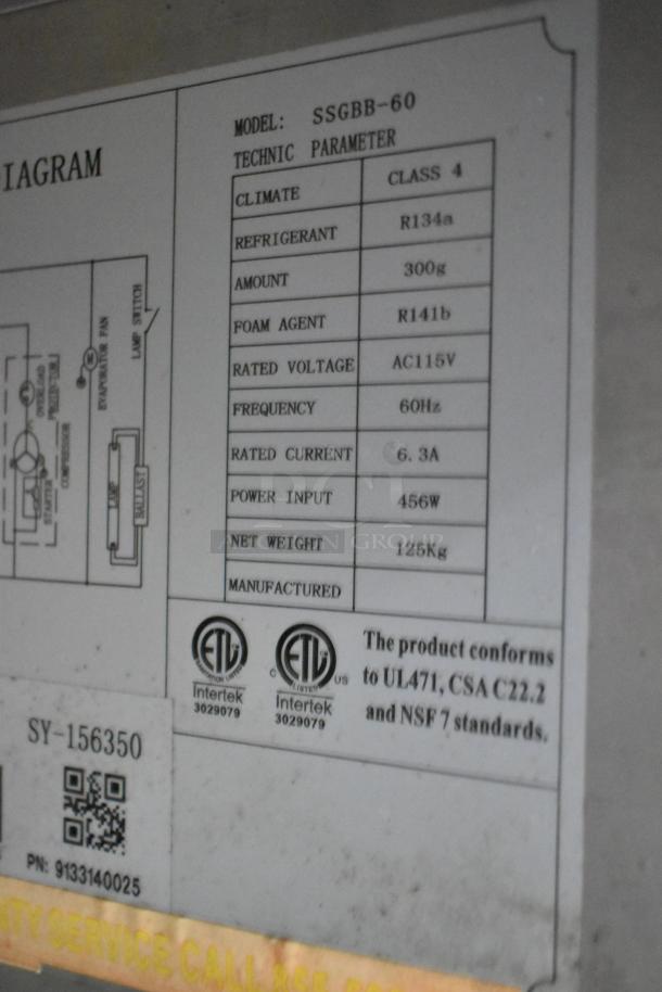 Spartan SSGBB-60 cooler tag, showing model, voltage, refrigerant info, and certification logos; conforms to UL471, CSA C22.2.