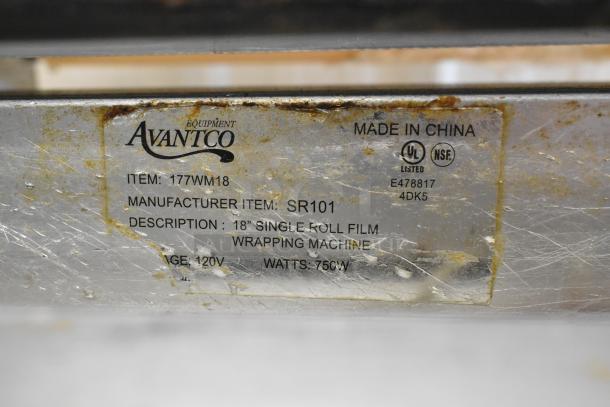 Avantco 177WM18 metal film wrapping machine label details, showing model, power requirements, and UL certification marks.