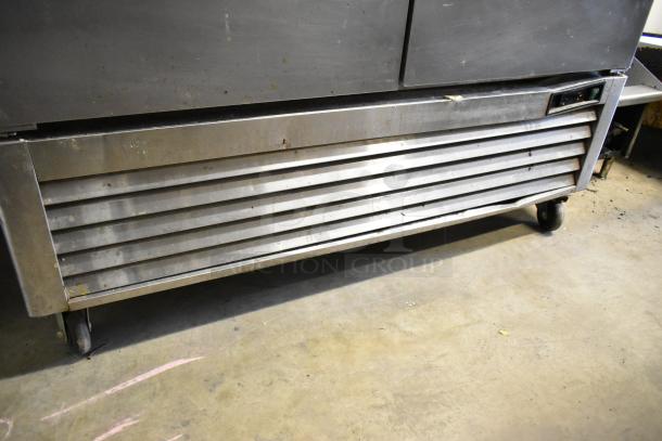 2020 Atosa MBF8503GR 2-door stainless steel commercial freezer, features poly-coated and metal racks, on casters.
