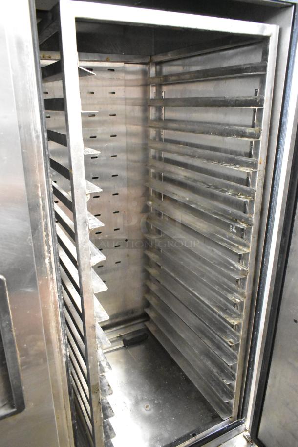 2020 Atosa MBF8503GR 2-door stainless steel commercial freezer with poly coated racks and metal pan rack on casters.