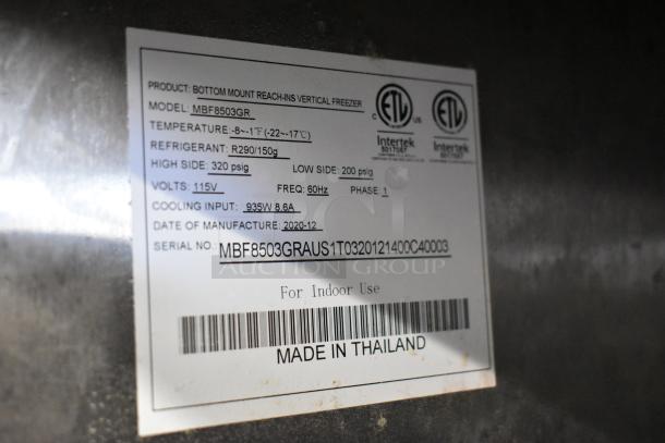 2020 Atosa MBF8503GR stainless steel freezer label, showing specs: 115V, 1 Phase, R290 refrigerant, made in Thailand.