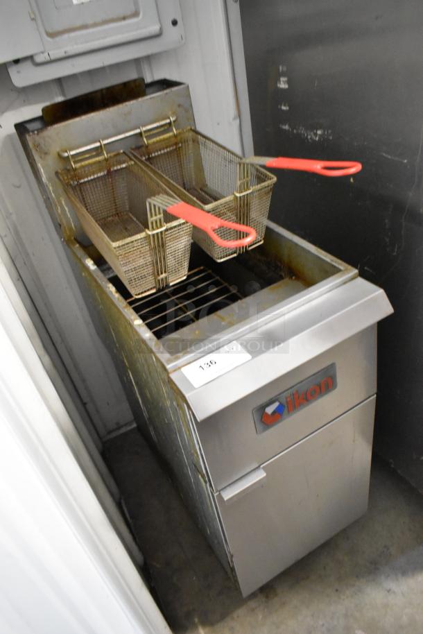 Ikon IGF-35/40-NG stainless steel deep fat fryer with two metal fry baskets, commercial casters, 90,000 BTU, used condition.