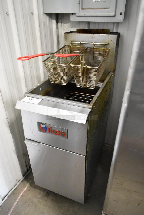 2023 Ikon IGF-35/40-NG stainless steel deep fat fryer, two metal fry baskets, commercial casters, 90,000 BTU, used condition.