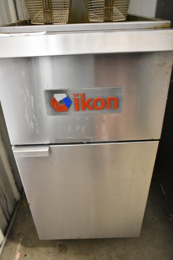 2023 Ikon IGF-35/40-NG stainless steel deep fat fryer with two metal baskets, commercial casters, and 90,000 BTU.
