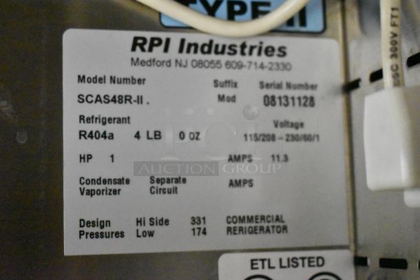RPI Industries SCAS48R-II stainless steel open merchandiser tag. Voltage: 115/208-230V, 1 Phase, 11.3 Amps, R404a refrigerant.
