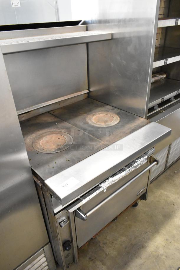 Jade Range stainless steel gas 2-burner range with oven, over shelf, and back splash on casters; used condition.