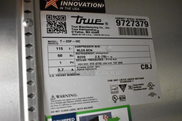 True T-23F-HC freezer label, model details, 115V, 1 Phase, R290 refrigerant, UL certified, made in the USA.
