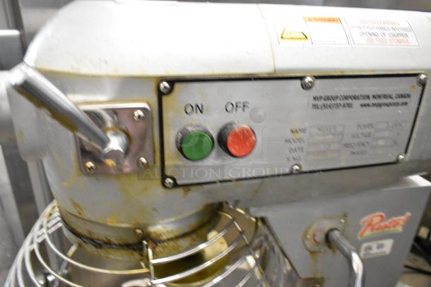 Presto PM-20 metal commercial dough mixer with bowl guard. Features ON/OFF buttons, operates at 115 volts, 1 phase. Visible wear.