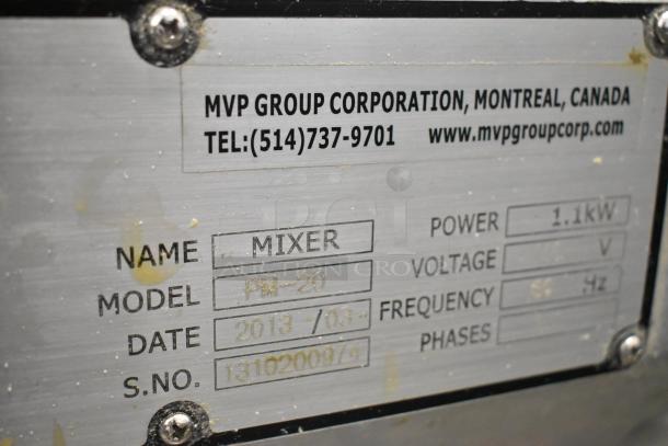 Presto PM-20 mixer label showing model, date 2013, serial number, and power details; by MVP Group Corporation.