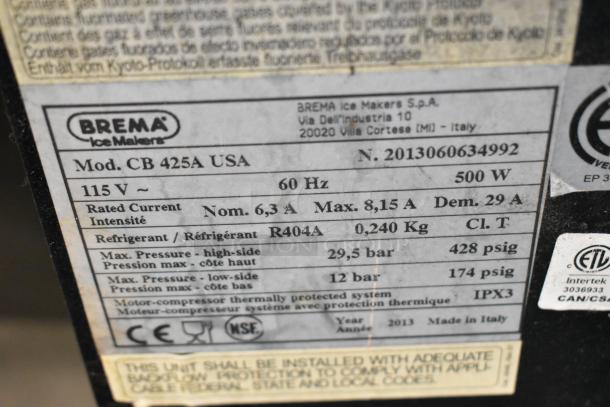 Brema CB 425A USA Ice Machine label, 115V, 60Hz, 500W, R404A refrigerant, made in 2013, IPX3 rating.