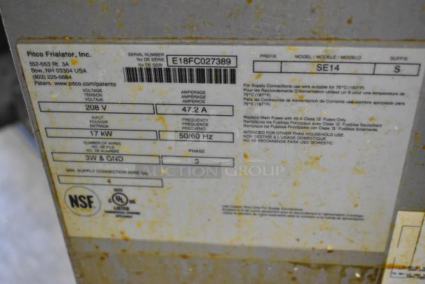 2018 Pitco Frialator SE14 electric fryer label, showing 208V, 3 phase, 47.2A, NSF certified. Comes with 2 baskets.