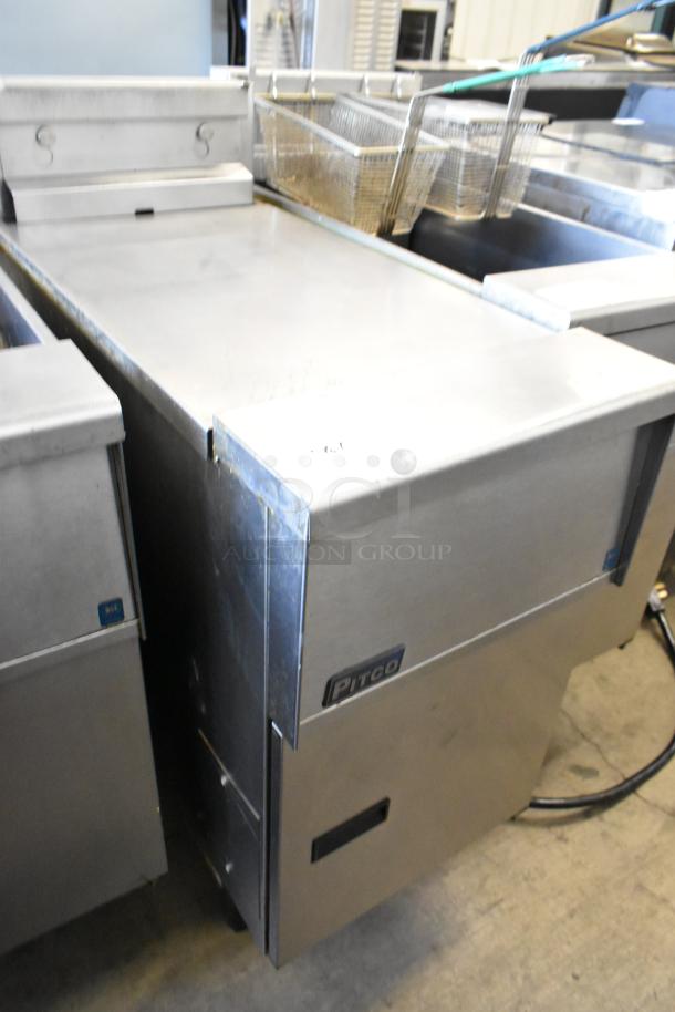 2018 Pitco Frialator SE14 stainless steel commercial electric fryer, floor style, 208V, 3-phase, includes fryer baskets.