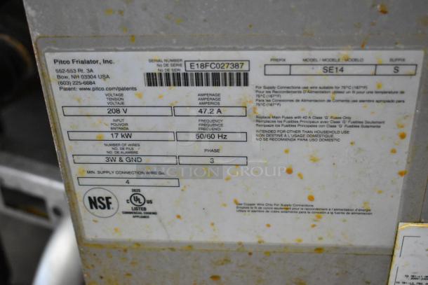 2018 Pitco Frialator SE14 deep fat fryer label showing specs: 208V, 3 phase, 47.2A, 17 kW. UL and NSF listed. Serial: E18FC027387.