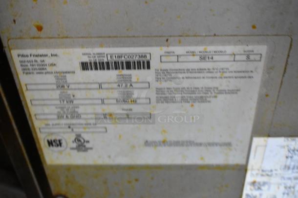 2018 Pitco Frialator SE14 deep fat fryer label detailing model, voltage (208V), and 3-phase power. NSF certified.