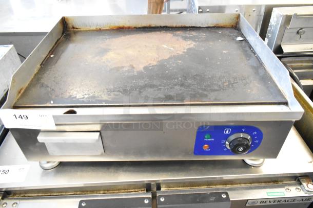 Stainless steel electric flat top griddle, 110V, 1-phase, used condition, visible control panel, lot tag 149.