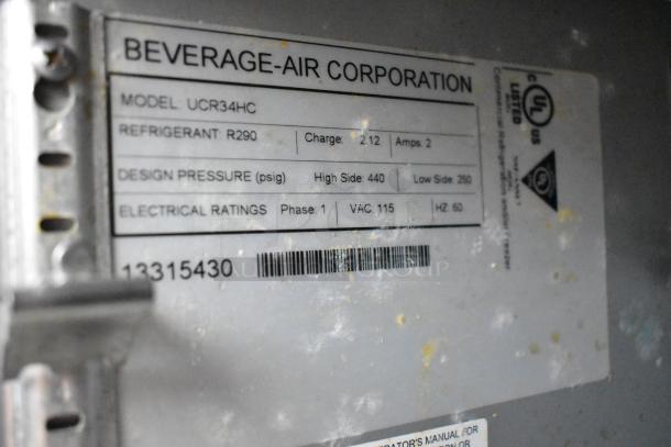 Beverage Air UCR34HC tag showing model, refrigerant R290, design pressure, and electrical ratings. Suitable for commercial use.