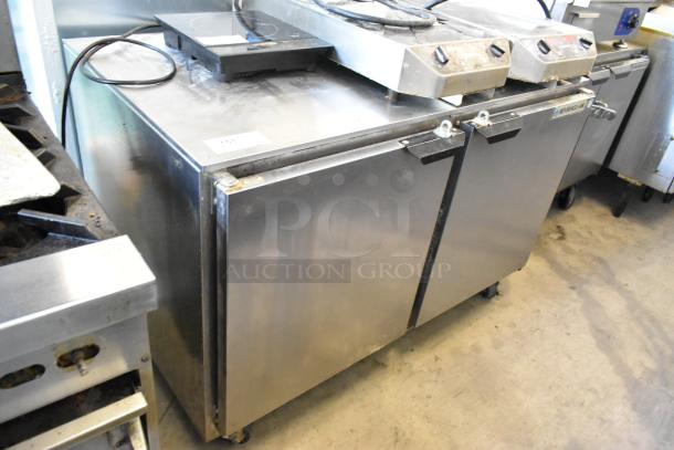 Beverage Air stainless steel 2-door undercounter cooler on casters, 115 volts, 1 phase, in used condition.