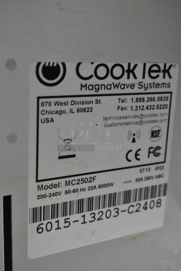 Label of CookTek MC2502F 2 Burner Induction Range, 200-240V, 5000W, with contact details and model information visible.