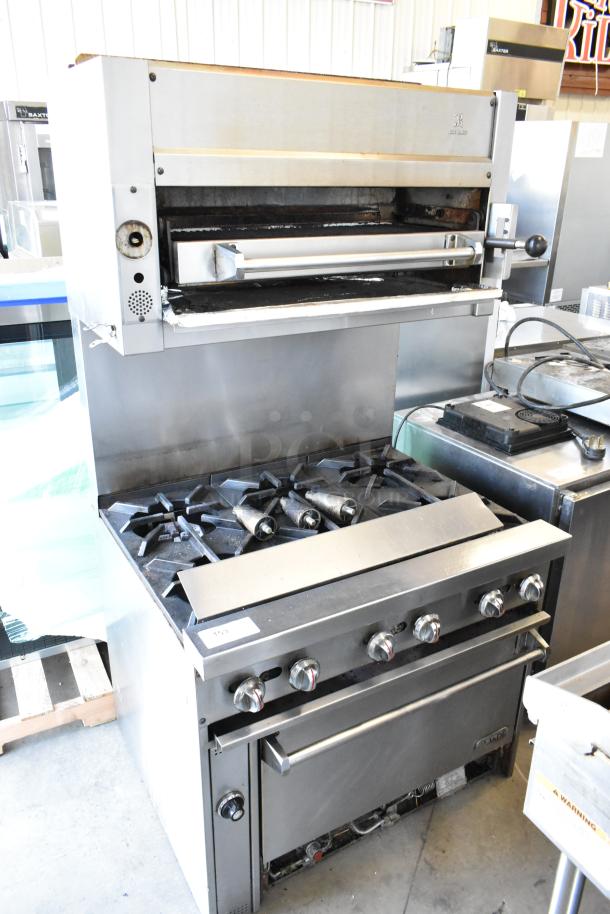 Jade Range J9R-6-36 stainless steel 6-burner gas range with oven, salamander cheese melter, and backsplash; commercial kitchen equipment.
